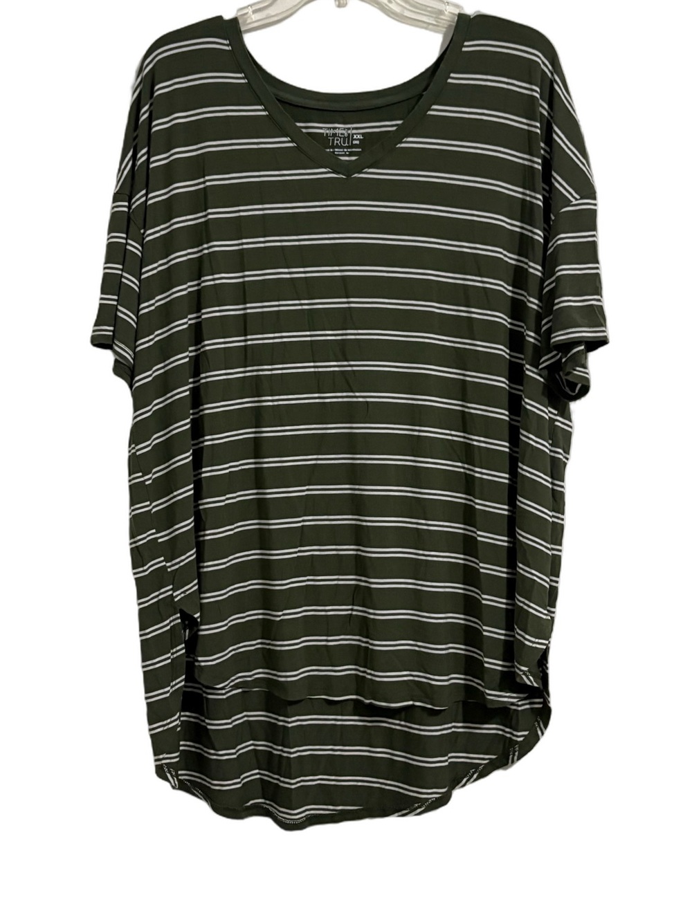 Time and Tru Olive Green Striped V‑Neck Short Sleeve Top
